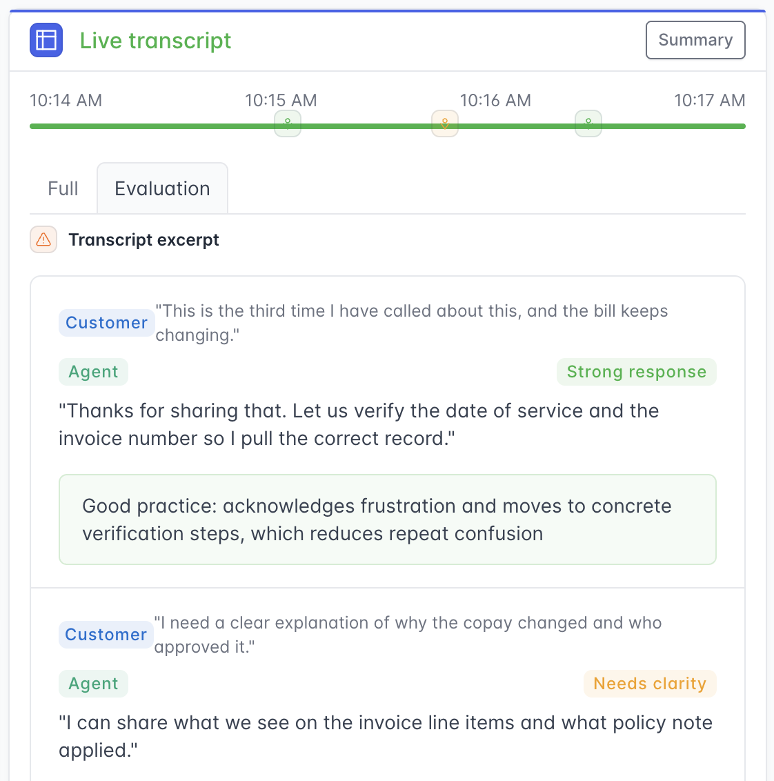 Real-time conversation transcript with highlighted moments